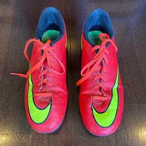 EUC Kids Nike Cleats. Neon orange with yellow swoosh. Lace-up. Size: 5 Youth
